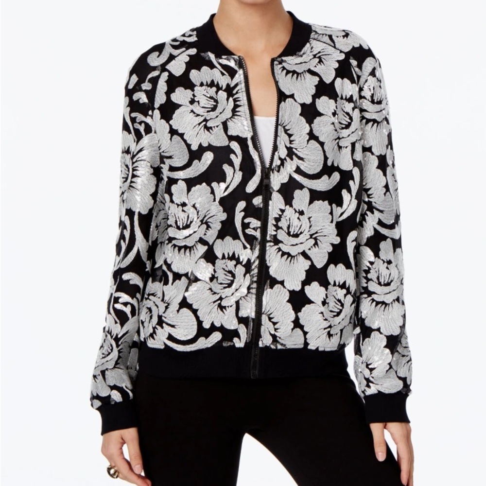 INC International Concepts Black and White Floral sequence Bomber Jacket